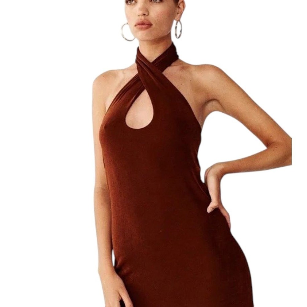 With Jéan Mini Dress Women's XXS Brown Rust Halter Neck Sleeveless Casual - Picture 2 of 9